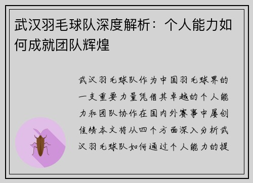 武汉羽毛球队深度解析：个人能力如何成就团队辉煌