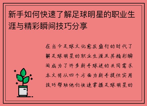 新手如何快速了解足球明星的职业生涯与精彩瞬间技巧分享