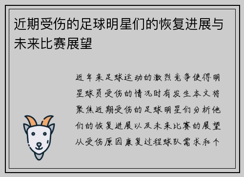近期受伤的足球明星们的恢复进展与未来比赛展望