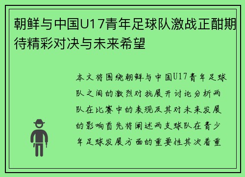 朝鲜与中国U17青年足球队激战正酣期待精彩对决与未来希望